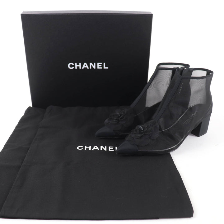未使用品☆CHANEL シャネル G34544 ココマーク・カメリア メッシュデザイン アンクルブーツ ブラック 38.5 伊製 レディース 箱・保存袋付