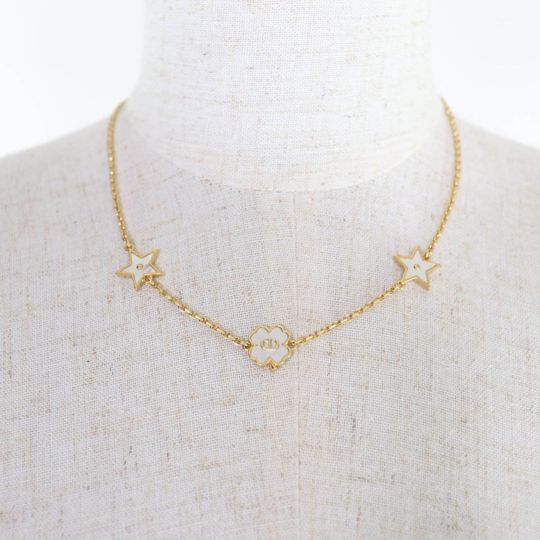 美品☆Christian Dior クリスチャンディオール N3480WOMMP Dior Destiny マザーオブパール スター・クローバー ネックレス ゴールド