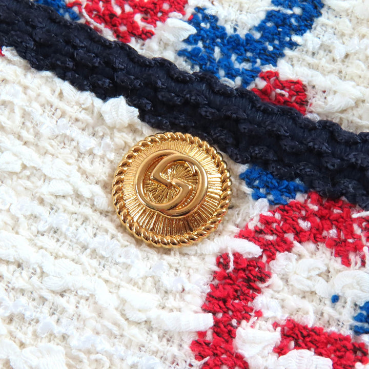 未使用品△GUCCI グッチ 569926 インターロッキングGボタン GG ツイード ノーカラージャケット ホワイト レッド ブルー 42 伊製 正規品
