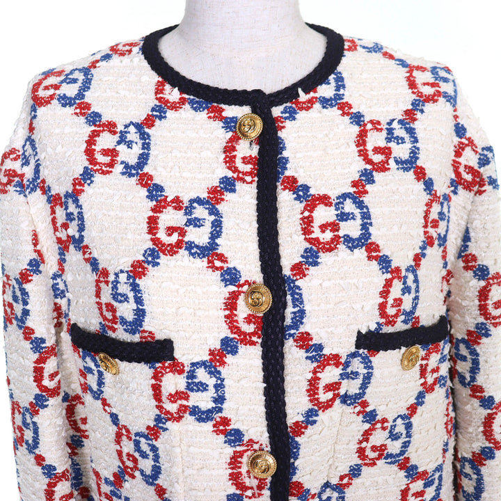 未使用品△GUCCI グッチ 569926 インターロッキングGボタン GG ツイード ノーカラージャケット ホワイト レッド ブルー 42 伊製 正規品