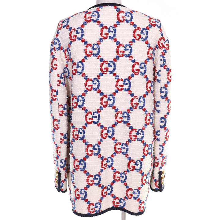 未使用品△GUCCI グッチ 569926 インターロッキングGボタン GG ツイード ノーカラージャケット ホワイト レッド ブルー 42 伊製 正規品
