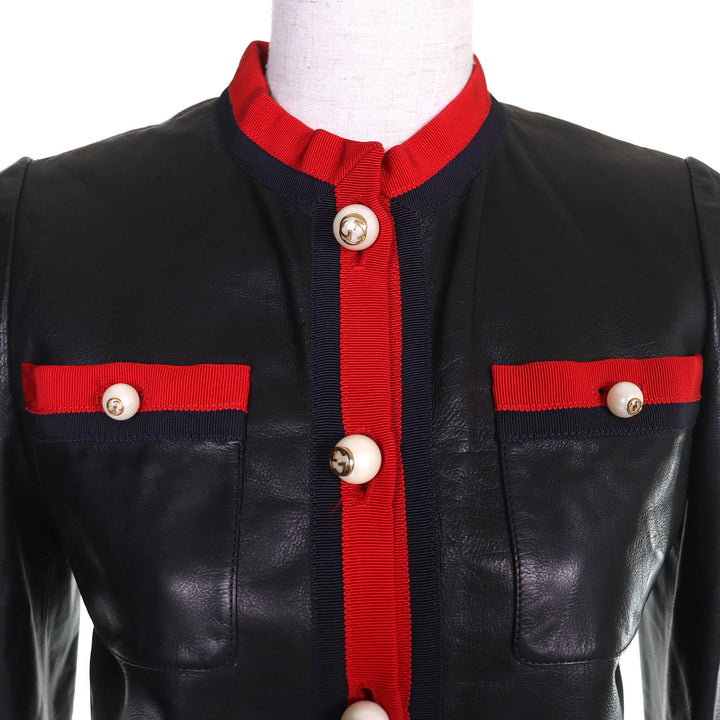 極美品△GUCCI グッチ 433913 裏地総柄 GGパールボタン付き ノーカラー レザージャケット ブラック レッド 36 伊製 正規品 レディース