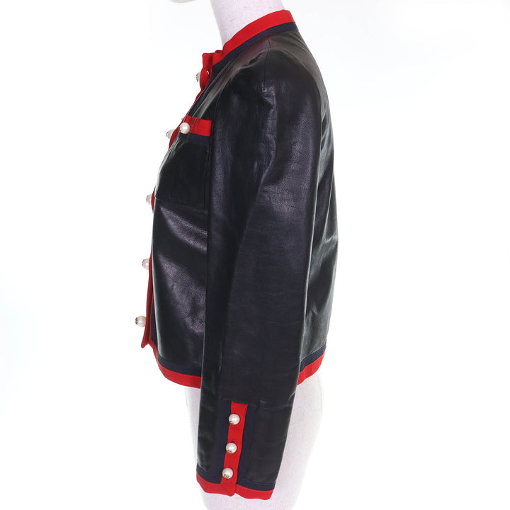 極美品△GUCCI グッチ 433913 裏地総柄 GGパールボタン付き ノーカラー レザージャケット ブラック レッド 36 伊製 正規品 レディース