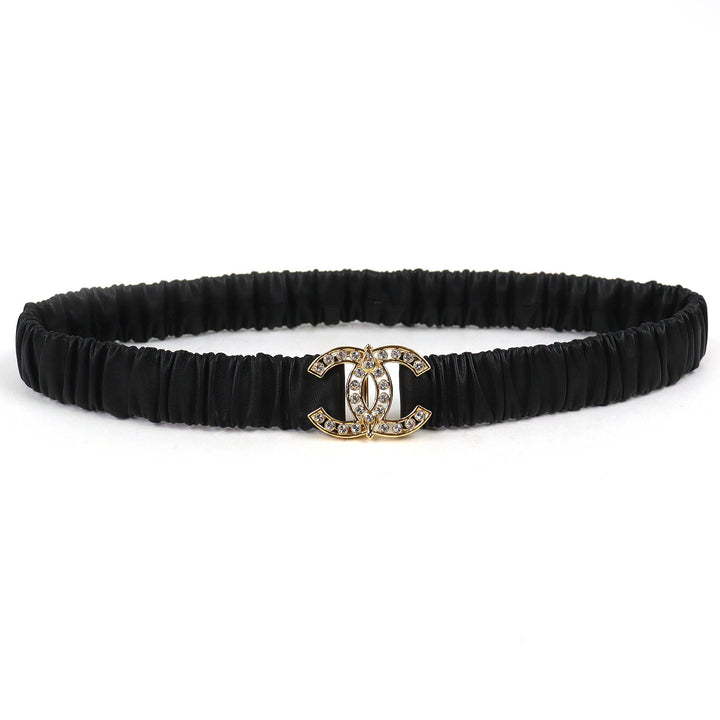 美品△CHANEL シャネル L23A ココマークラインストーンバックル レザー ゴム ベルト ブラック ゴールド金具 75/30 レディース