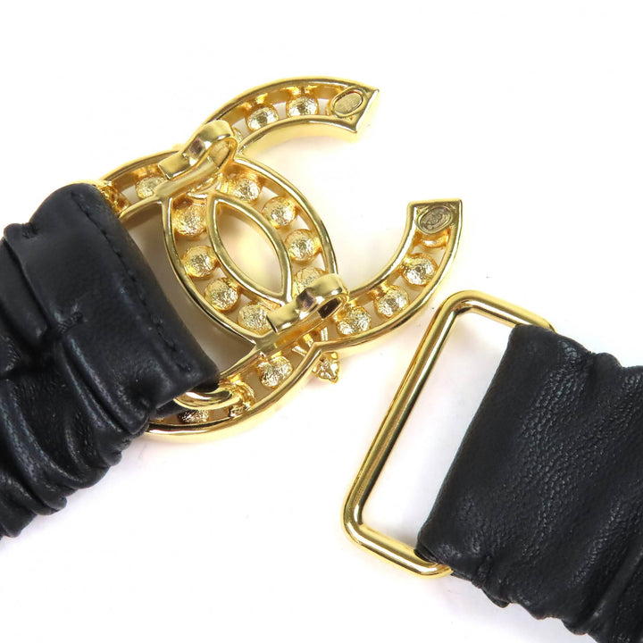 美品△CHANEL シャネル L23A ココマークラインストーンバックル レザー ゴム ベルト ブラック ゴールド金具 75/30 レディース