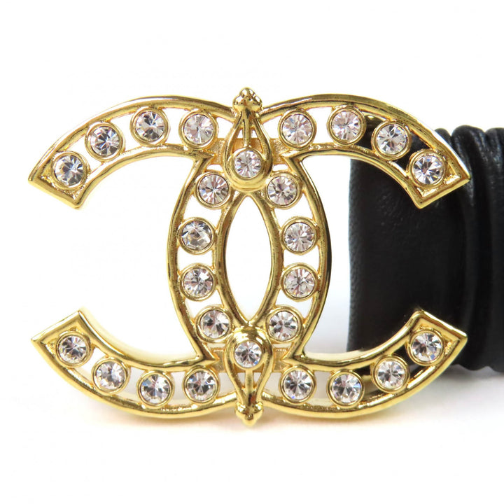 美品△CHANEL シャネル L23A ココマークラインストーンバックル レザー ゴム ベルト ブラック ゴールド金具 75/30 レディース