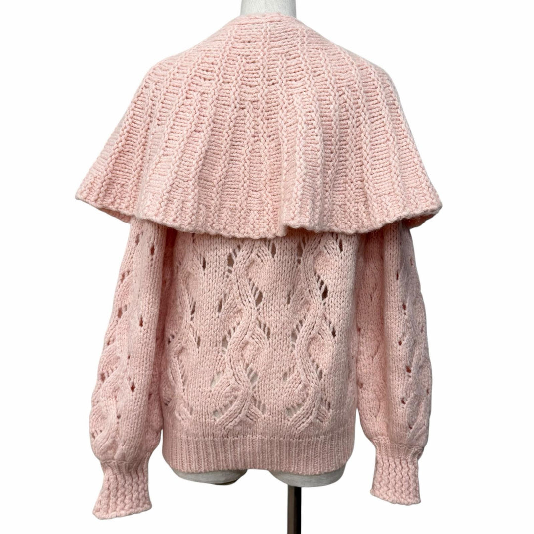 極美品★CHANEL シャネル 21B P71442 ウール アルパカ混 ケープ付 ラインストーンココマーク 鍵編み ニット ピンク 40 イタリア製
