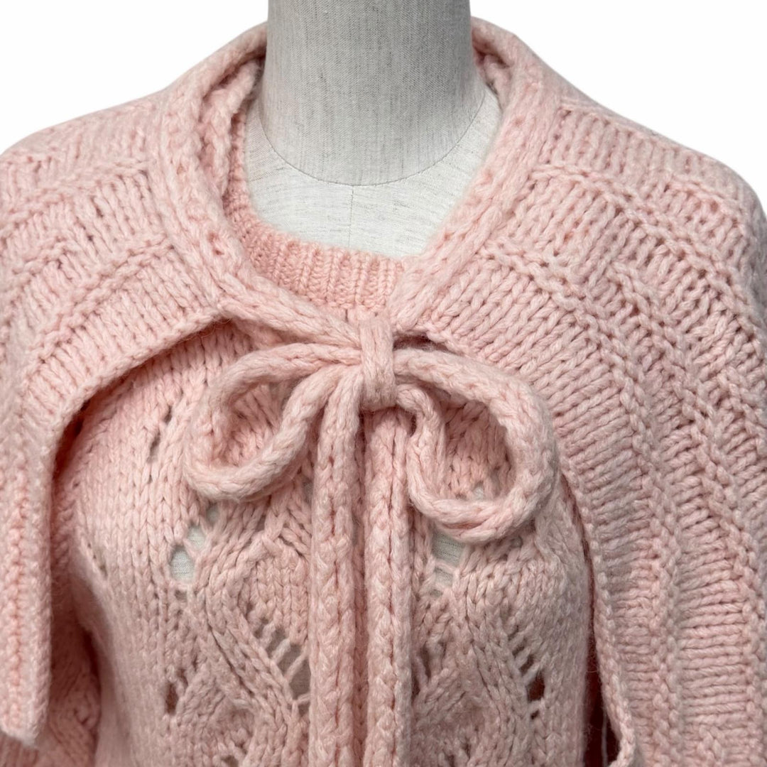 極美品★CHANEL シャネル 21B P71442 ウール アルパカ混 ケープ付 ラインストーンココマーク 鍵編み ニット ピンク 40 イタリア製