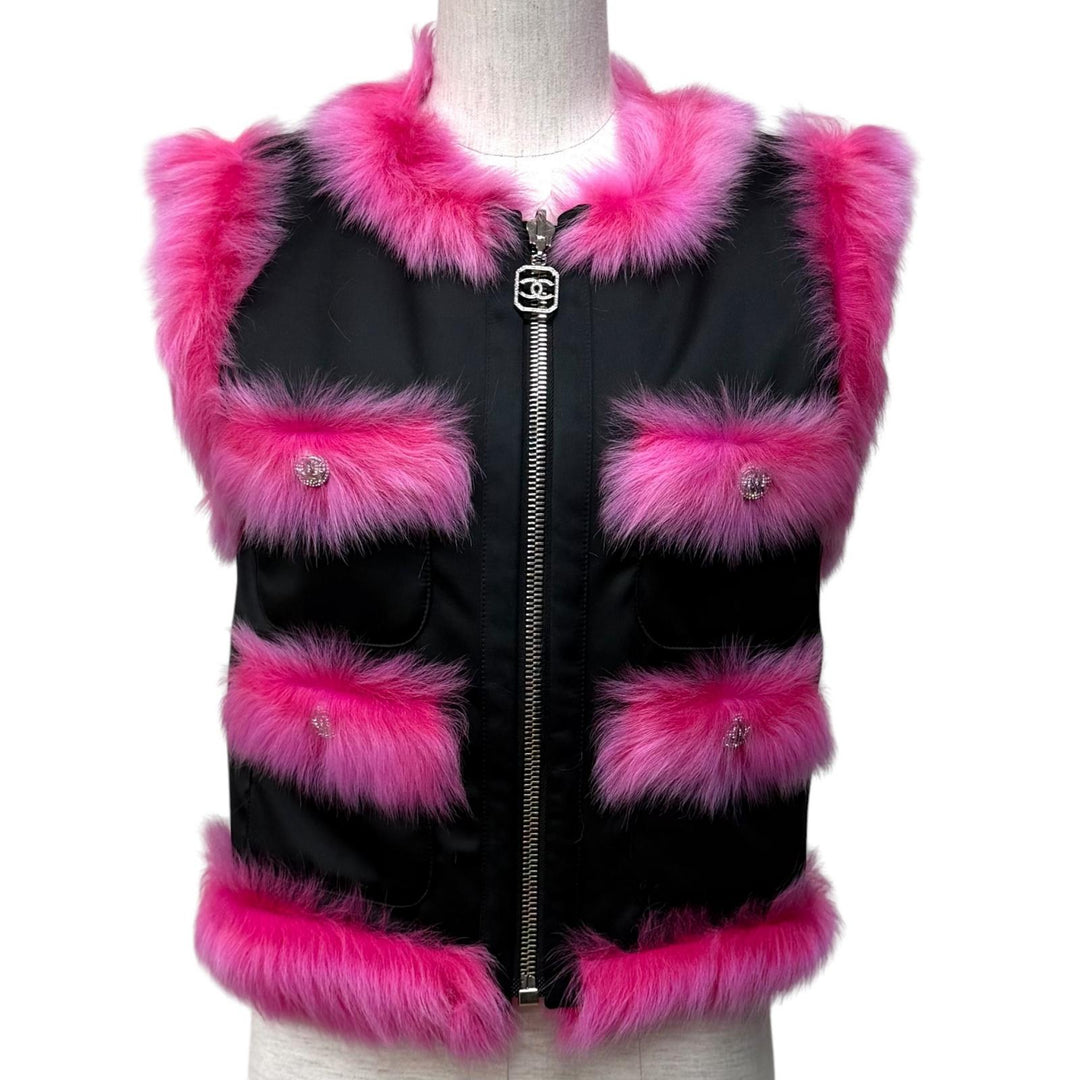 極美品★CHANEL シャネル P74333 リバーシブル ココマークボタン ZIP UP ラムファー ベスト ピンク ブラック 36 イタリア製 正規品