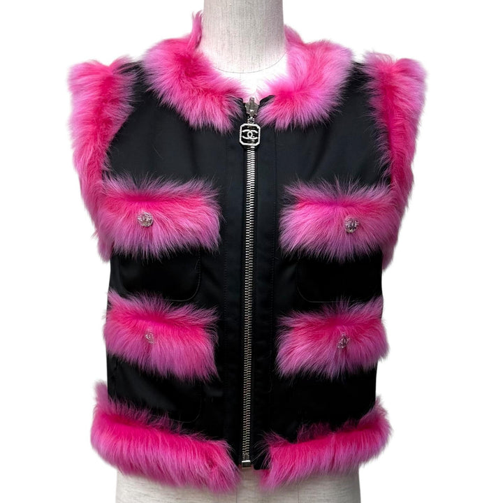 極美品★CHANEL シャネル P74333 リバーシブル ココマークボタン ZIP UP ラムファー ベスト ピンク ブラック 36 イタリア製 正規品