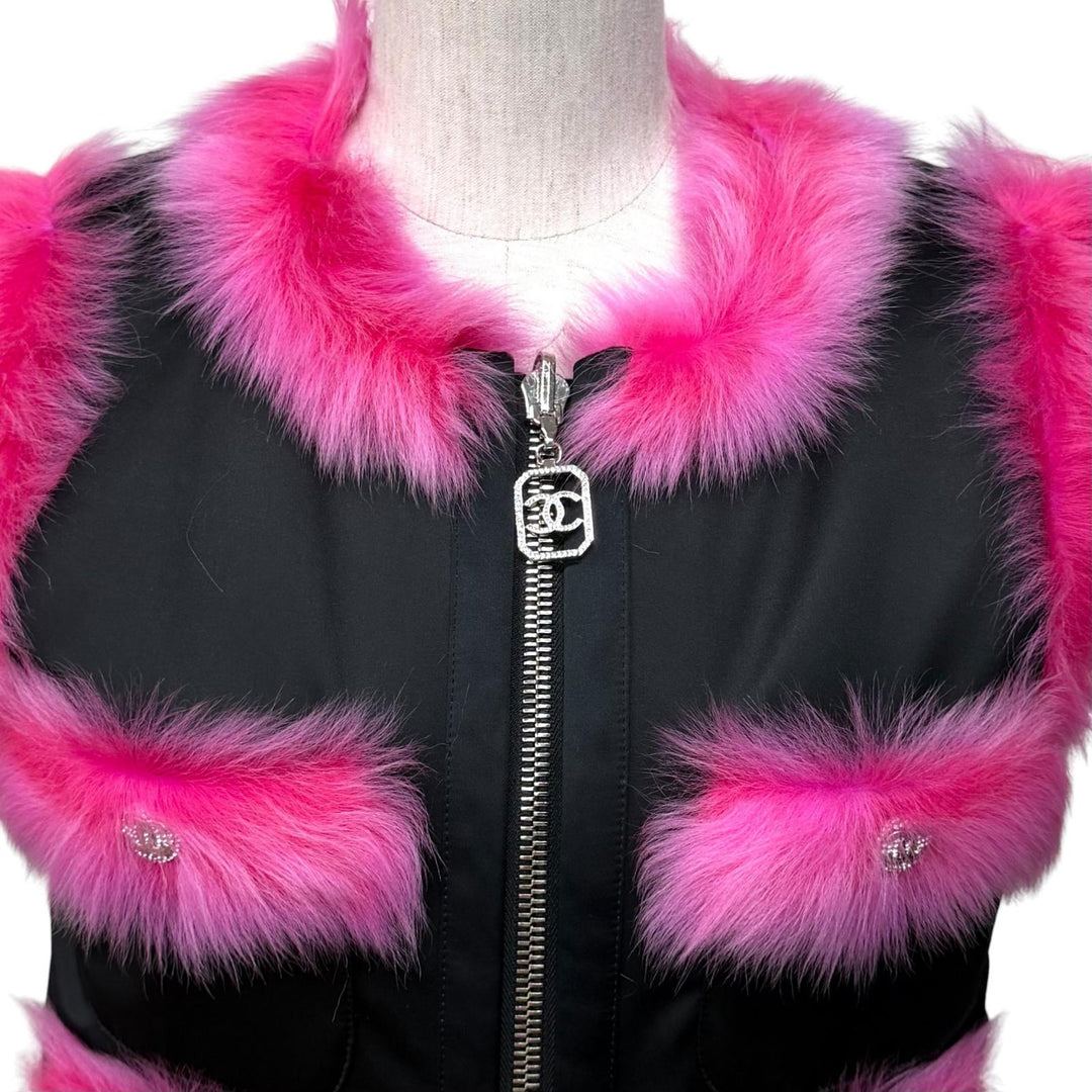 極美品★CHANEL シャネル P74333 リバーシブル ココマークボタン ZIP UP ラムファー ベスト ピンク ブラック 36 イタリア製 正規品