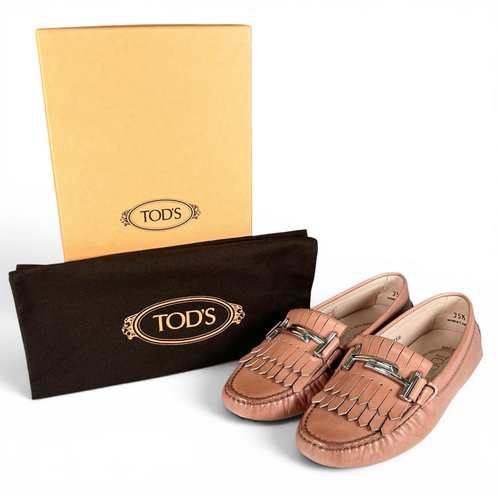 極美品▲TOD’S トッズ GOMMINI FRANGIA MAXI DOPPIA T ダブルT レザー ドライビングシューズ ピンクベージュ 35.5 伊製 レディース