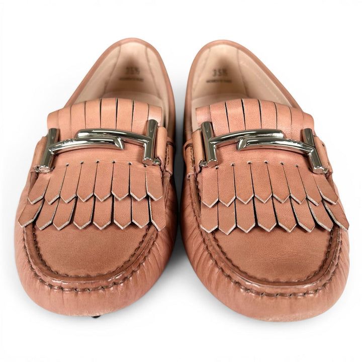 極美品▲TOD’S トッズ GOMMINI FRANGIA MAXI DOPPIA T ダブルT レザー ドライビングシューズ ピンクベージュ 35.5 伊製 レディース