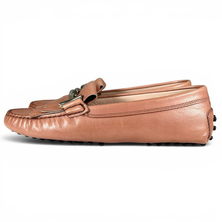 極美品▲TOD’S トッズ GOMMINI FRANGIA MAXI DOPPIA T ダブルT レザー ドライビングシューズ ピンクベージュ 35.5 伊製 レディース