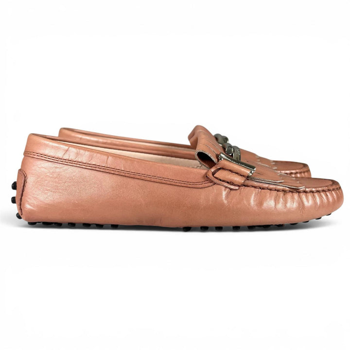 極美品▲TOD’S トッズ GOMMINI FRANGIA MAXI DOPPIA T ダブルT レザー ドライビングシューズ ピンクベージュ 35.5 伊製 レディース