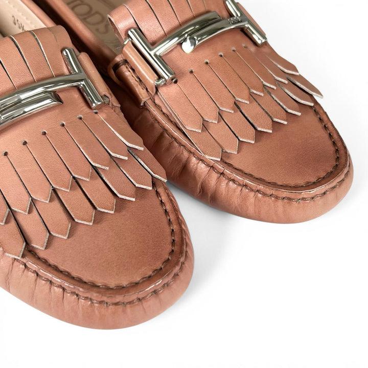 極美品▲TOD’S トッズ GOMMINI FRANGIA MAXI DOPPIA T ダブルT レザー ドライビングシューズ ピンクベージュ 35.5 伊製 レディース