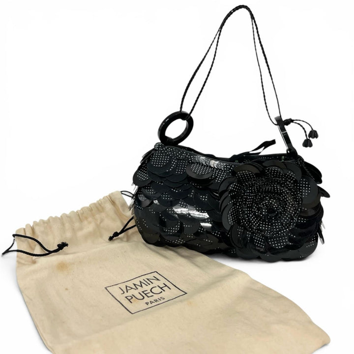 美品▲JAMIN PUECH ジャマン・ピュエッシュ コットン フラワーモチーフ スパンコール装飾 ハンドバッグ ブラック ドット レディース