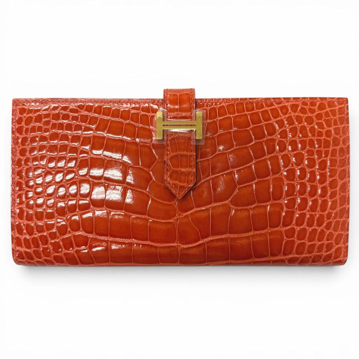 未使用品□HERMES エルメス ベアン スフレ アリゲーター Hロゴ ゴールド金具 長財布 オレンジポピー X刻印入り フランス製 メンズ 箱付き