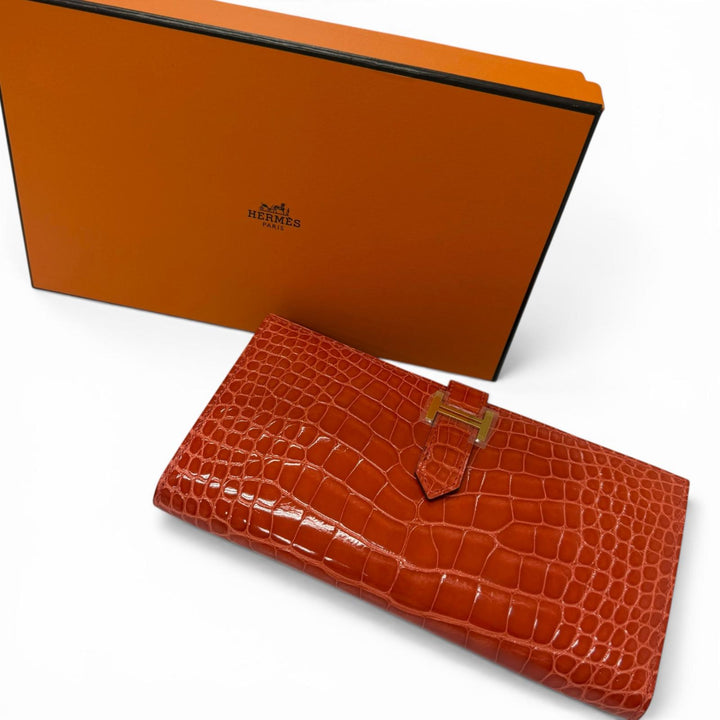 未使用品□HERMES エルメス ベアン スフレ アリゲーター Hロゴ ゴールド金具 長財布 オレンジポピー X刻印入り フランス製 メンズ 箱付き