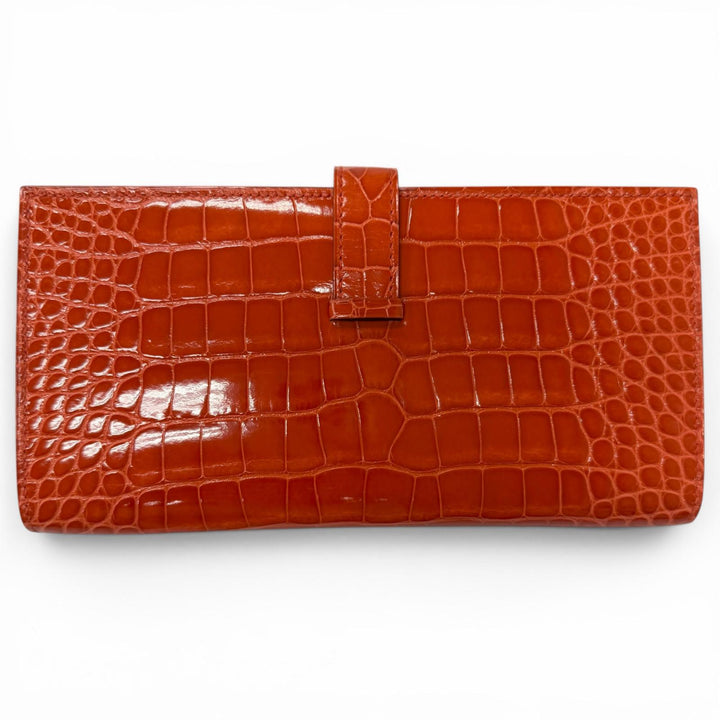 未使用品□HERMES エルメス ベアン スフレ アリゲーター Hロゴ ゴールド金具 長財布 オレンジポピー X刻印入り フランス製 メンズ 箱付き