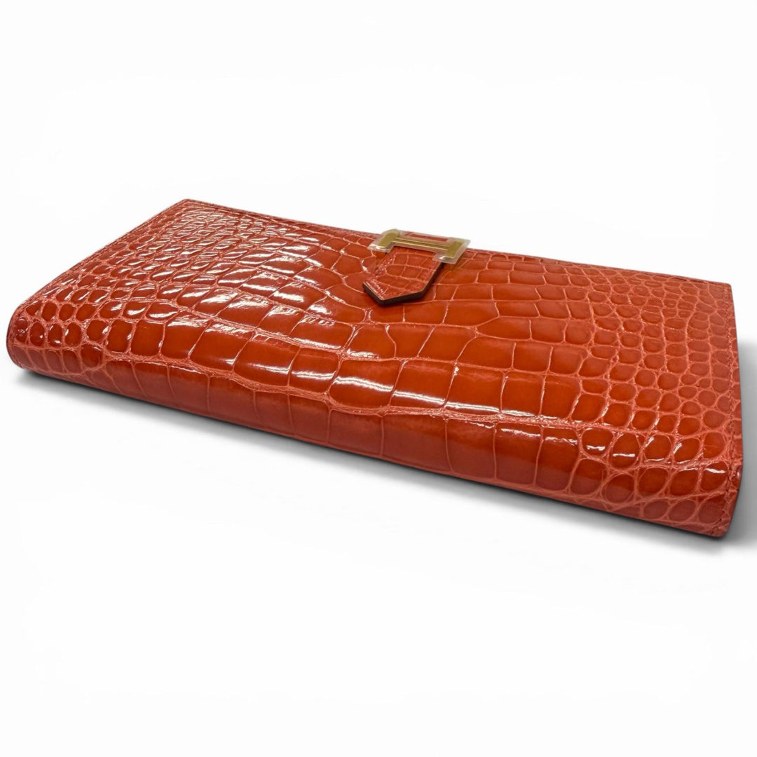 未使用品□HERMES エルメス ベアン スフレ アリゲーター Hロゴ ゴールド金具 長財布 オレンジポピー X刻印入り フランス製 メンズ 箱付き