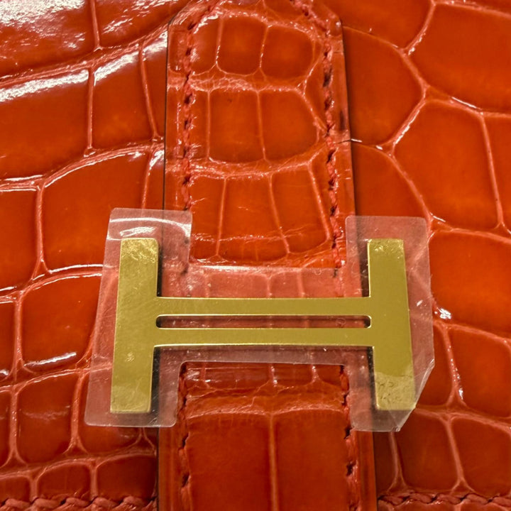 未使用品□HERMES エルメス ベアン スフレ アリゲーター Hロゴ ゴールド金具 長財布 オレンジポピー X刻印入り フランス製 メンズ 箱付き