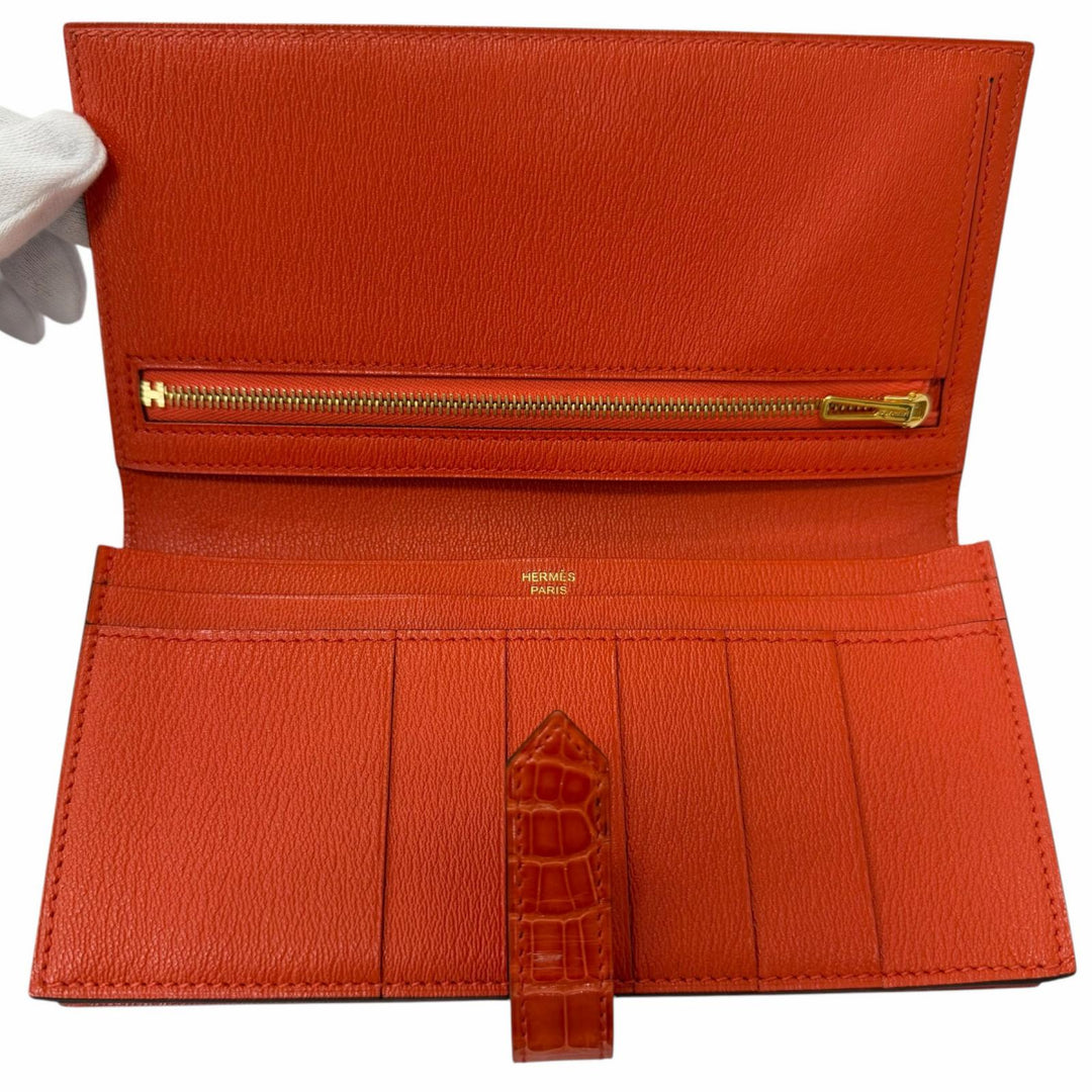 未使用品□HERMES エルメス ベアン スフレ アリゲーター Hロゴ ゴールド金具 長財布 オレンジポピー X刻印入り フランス製 メンズ 箱付き