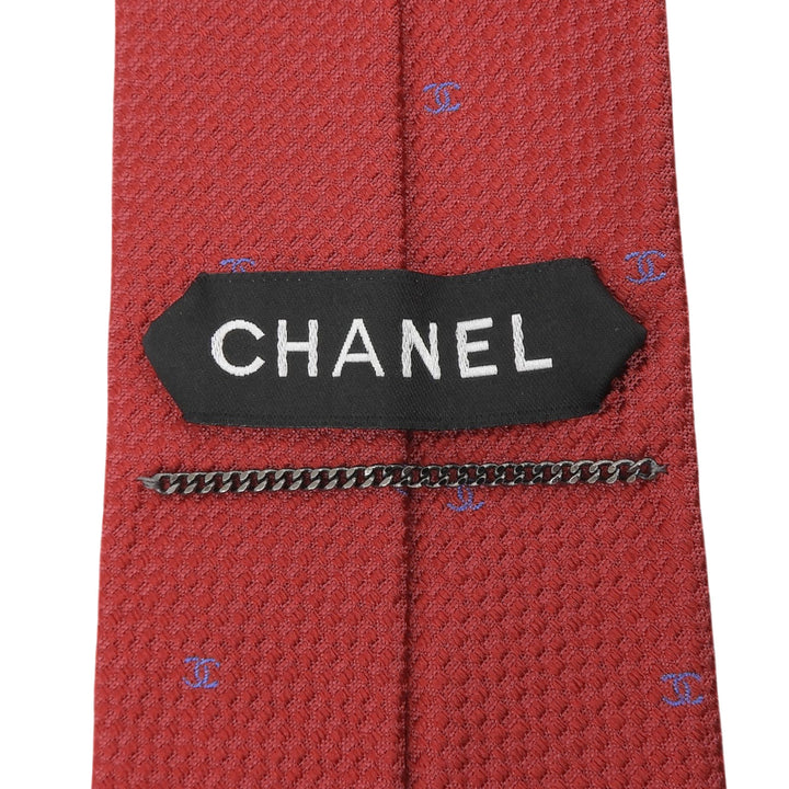 極美品▲CHANEL シャネル シルク100％ ココマーク 総柄 ジャガード ネクタイ レッド ブルー イタリア製 メンズ 箱付き