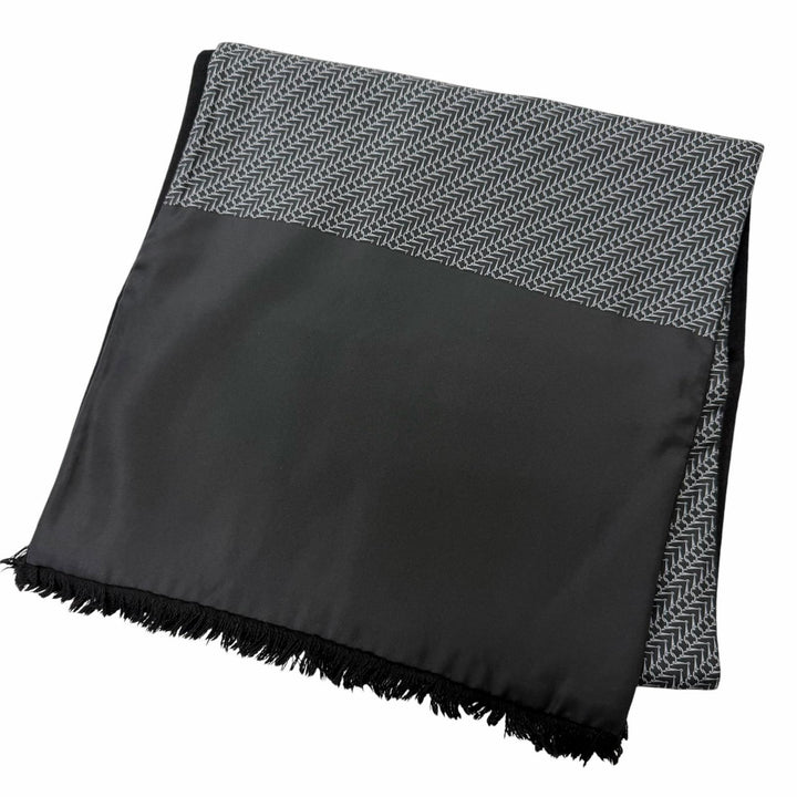 美品□HERMES エルメス シルク アンゴラ 金具 総柄 フリンジ ショール マフラー ストール ブラック グレー フランス製 メンズオススメ◎