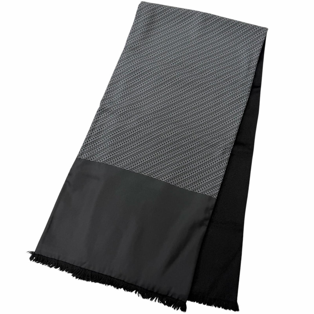 美品□HERMES エルメス シルク アンゴラ 金具 総柄 フリンジ ショール マフラー ストール ブラック グレー フランス製 メンズオススメ◎