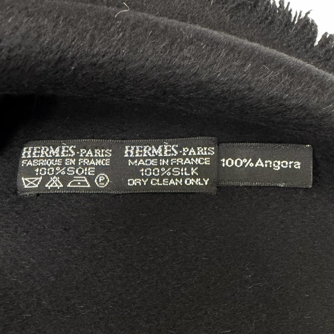 美品□HERMES エルメス シルク アンゴラ 金具 総柄 フリンジ ショール マフラー ストール ブラック グレー フランス製 メンズオススメ◎