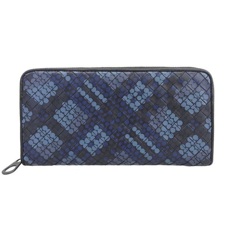 美品▲BOTTEGAVENETA ボッテガヴェネタ イントレチャート ラウンドジップ レザー ロングウォレット 長財布 ネイビー ブラック メンズ