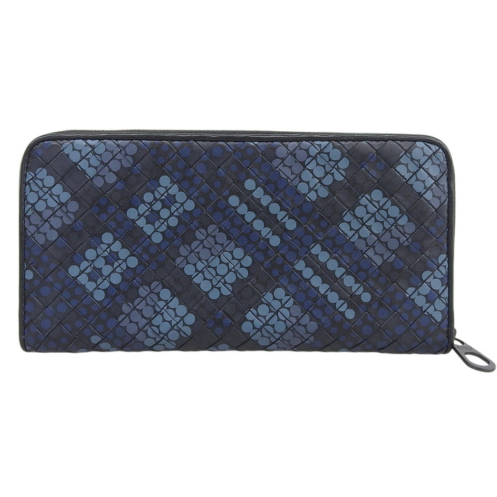 美品▲BOTTEGAVENETA ボッテガヴェネタ イントレチャート ラウンドジップ レザー ロングウォレット 長財布 ネイビー ブラック メンズ