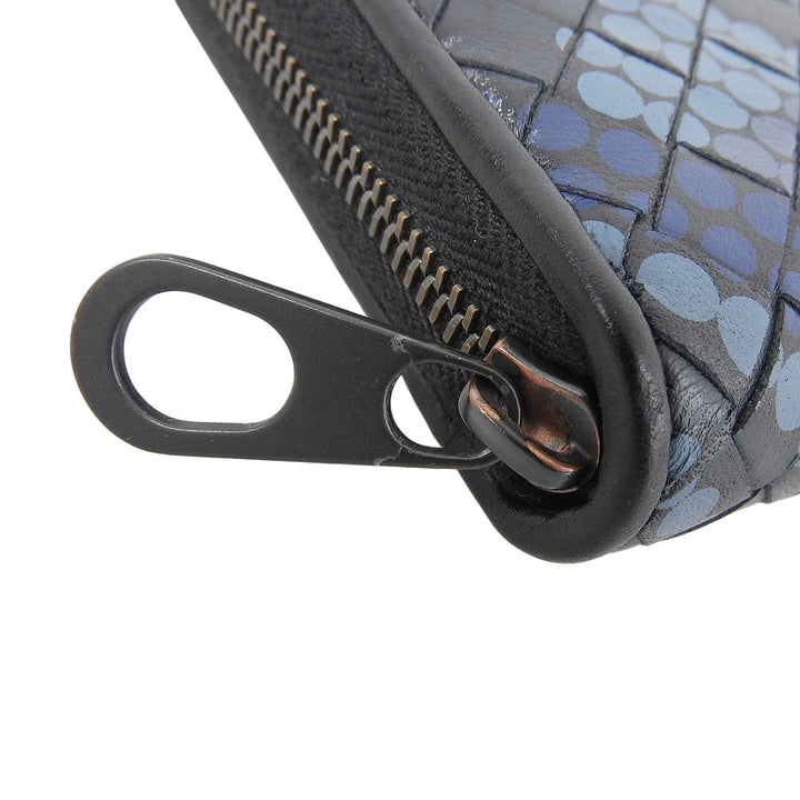 美品▲BOTTEGAVENETA ボッテガヴェネタ イントレチャート ラウンドジップ レザー ロングウォレット 長財布 ネイビー ブラック メンズ