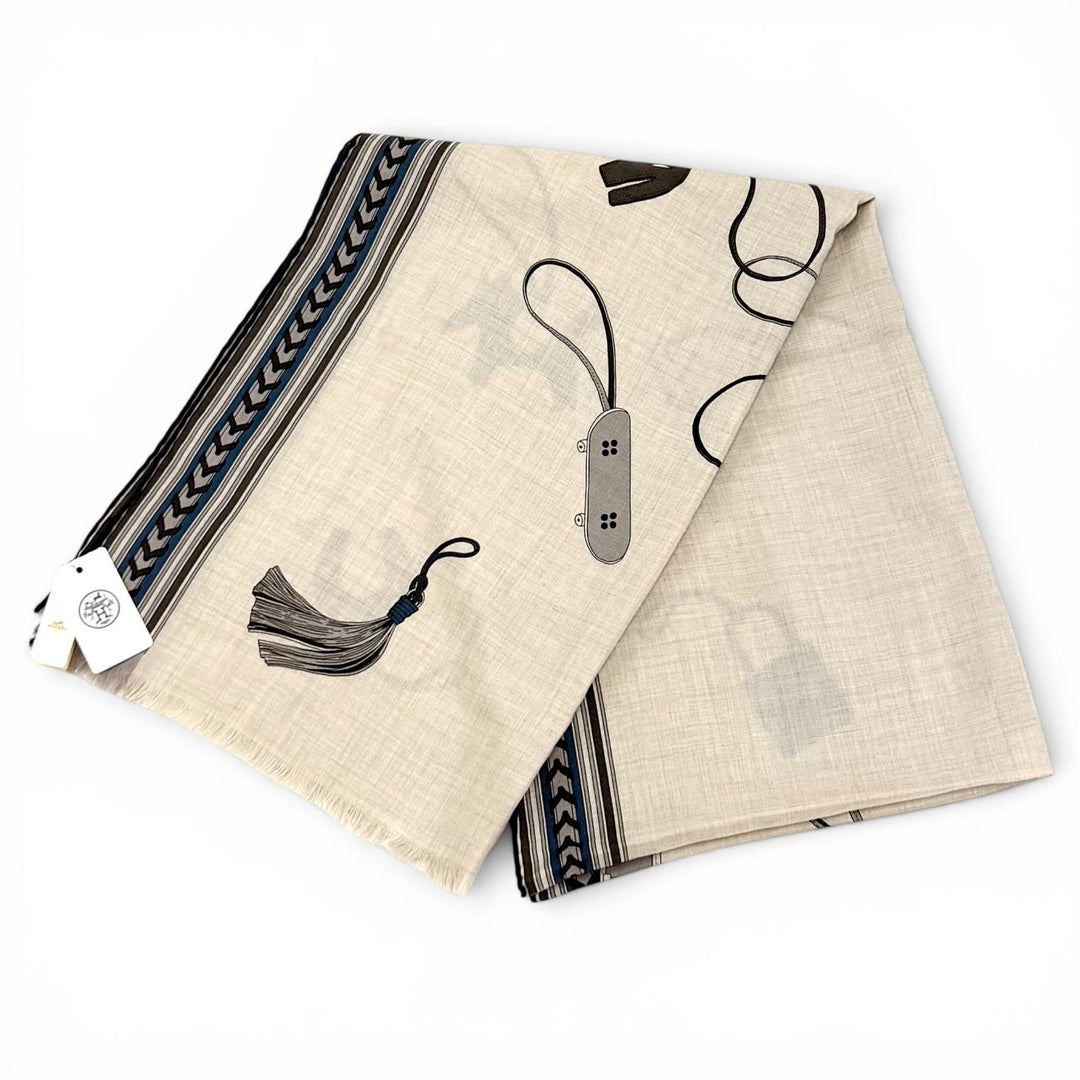 未使用品★HERMES エルメス レクタングル BRIDES ET GRIS GRIS 馬勒とチャーム カシミヤ シルク混 ストール ベージュ フランス製 箱付き