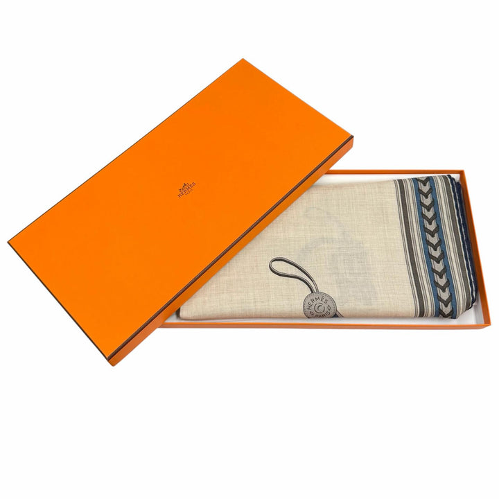 未使用品★HERMES エルメス レクタングル BRIDES ET GRIS GRIS 馬勒とチャーム カシミヤ シルク混 ストール ベージュ フランス製 箱付き