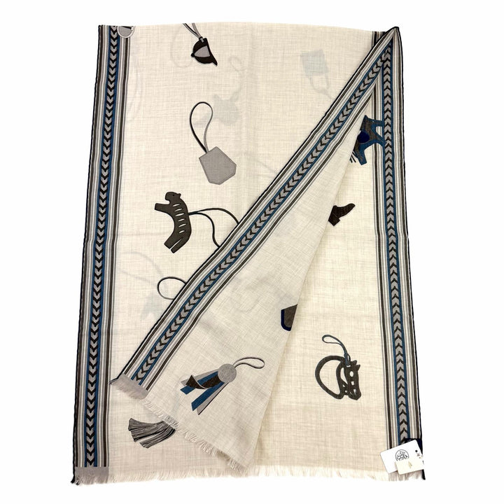 未使用品★HERMES エルメス レクタングル BRIDES ET GRIS GRIS 馬勒とチャーム カシミヤ シルク混 ストール ベージュ フランス製 箱付き