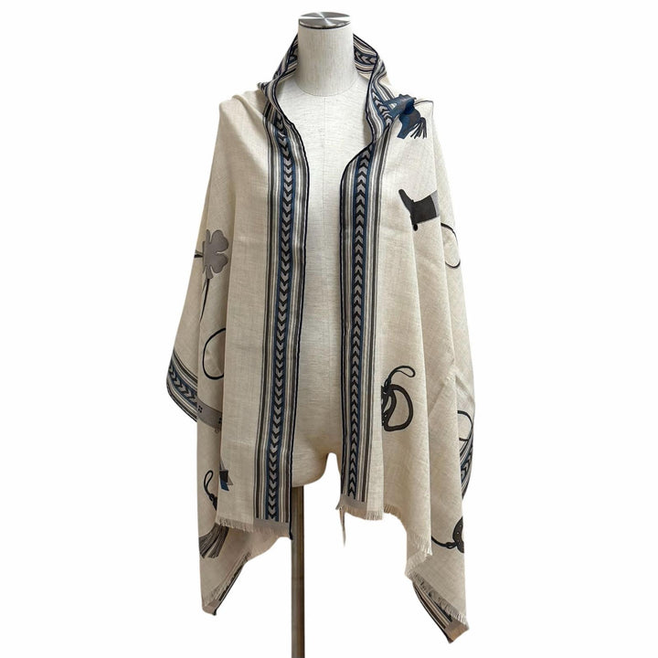 未使用品★HERMES エルメス レクタングル BRIDES ET GRIS GRIS 馬勒とチャーム カシミヤ シルク混 ストール ベージュ フランス製 箱付き