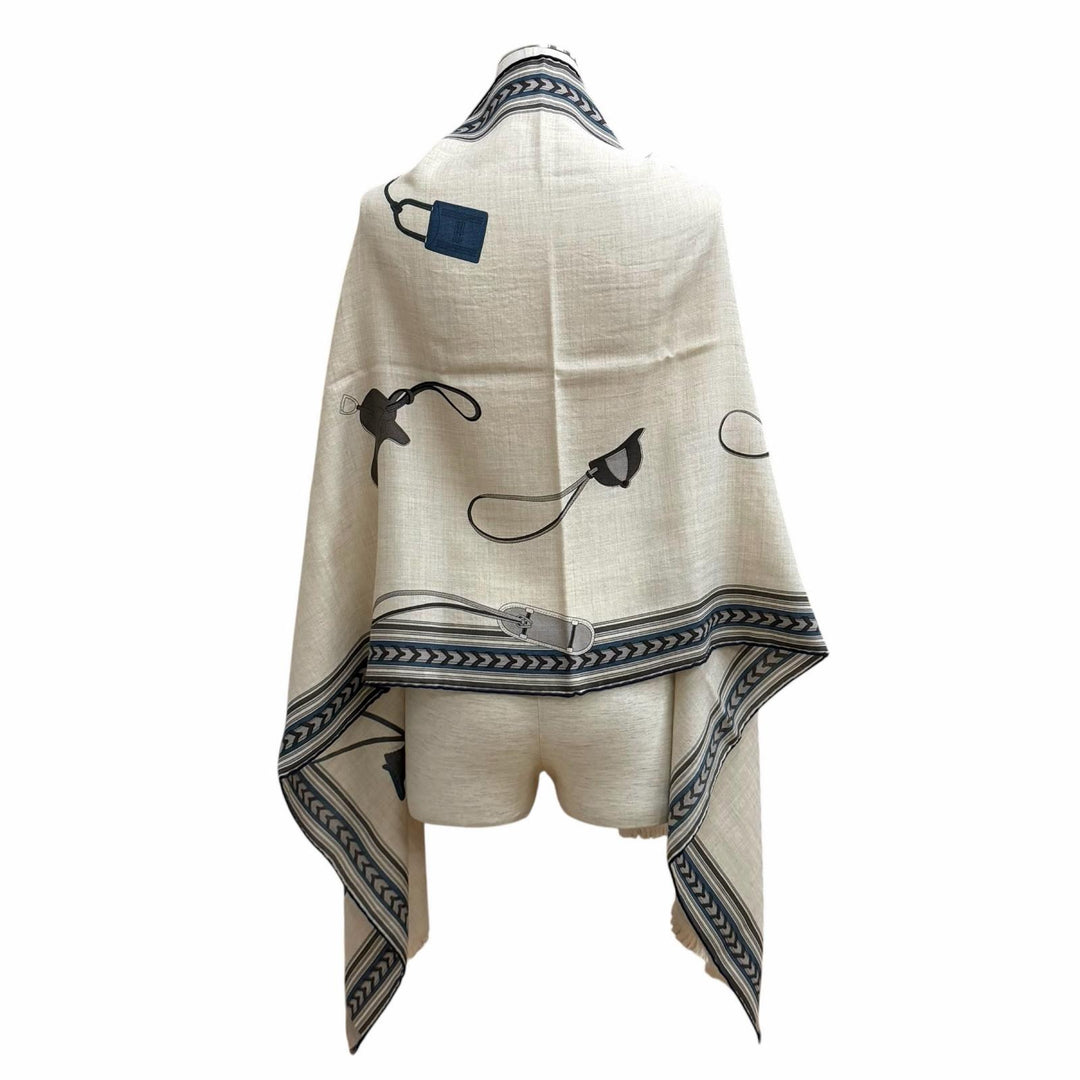未使用品★HERMES エルメス レクタングル BRIDES ET GRIS GRIS 馬勒とチャーム カシミヤ シルク混 ストール ベージュ フランス製 箱付き