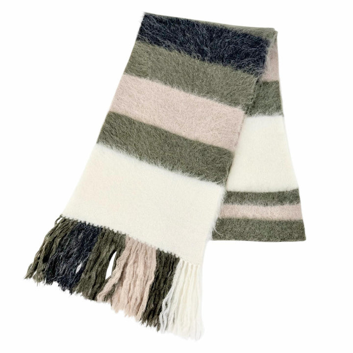 美品△Brunello Cucinelli ブルネロクチネリ モヘア アルパカ マルチボーダー柄 フリンジ ロング マフラー ホワイト カーキ 伊製 正規品