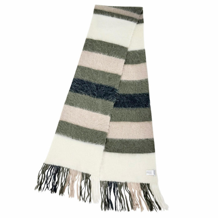 美品△Brunello Cucinelli ブルネロクチネリ モヘア アルパカ マルチボーダー柄 フリンジ ロング マフラー ホワイト カーキ 伊製 正規品