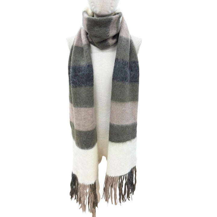 美品△Brunello Cucinelli ブルネロクチネリ モヘア アルパカ マルチボーダー柄 フリンジ ロング マフラー ホワイト カーキ 伊製 正規品
