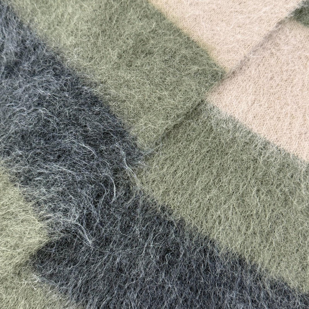 美品△Brunello Cucinelli ブルネロクチネリ モヘア アルパカ マルチボーダー柄 フリンジ ロング マフラー ホワイト カーキ 伊製 正規品