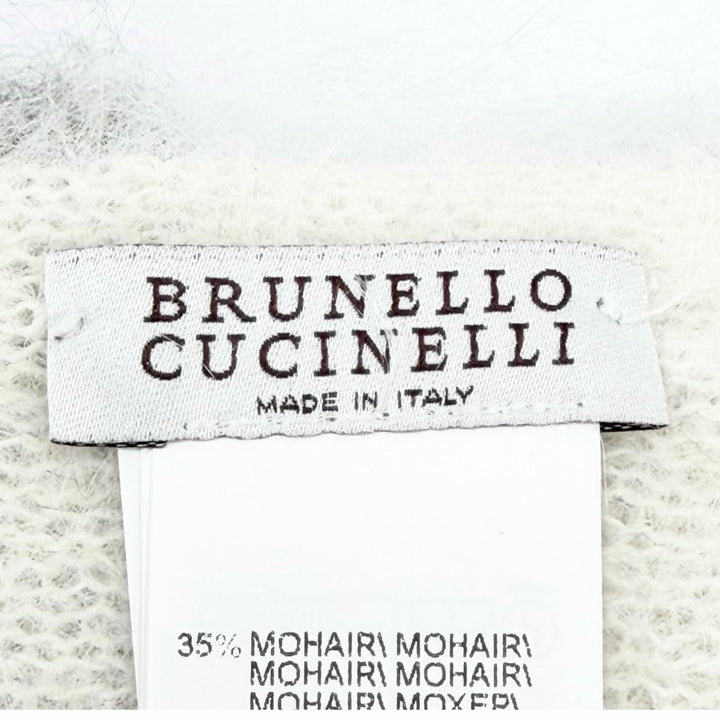 美品△Brunello Cucinelli ブルネロクチネリ モヘア アルパカ マルチボーダー柄 フリンジ ロング マフラー ホワイト カーキ 伊製 正規品