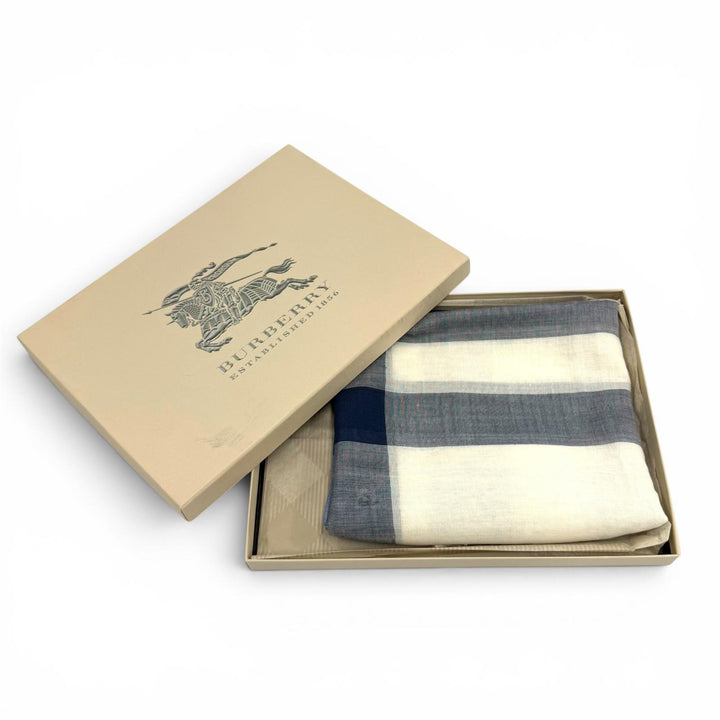 未使用品★BURBERRY バーバリー 3865293 ウール シルク混 ノバチェック柄 フリンジ ストール ネイビー アイボリー 180×50cm 箱付き