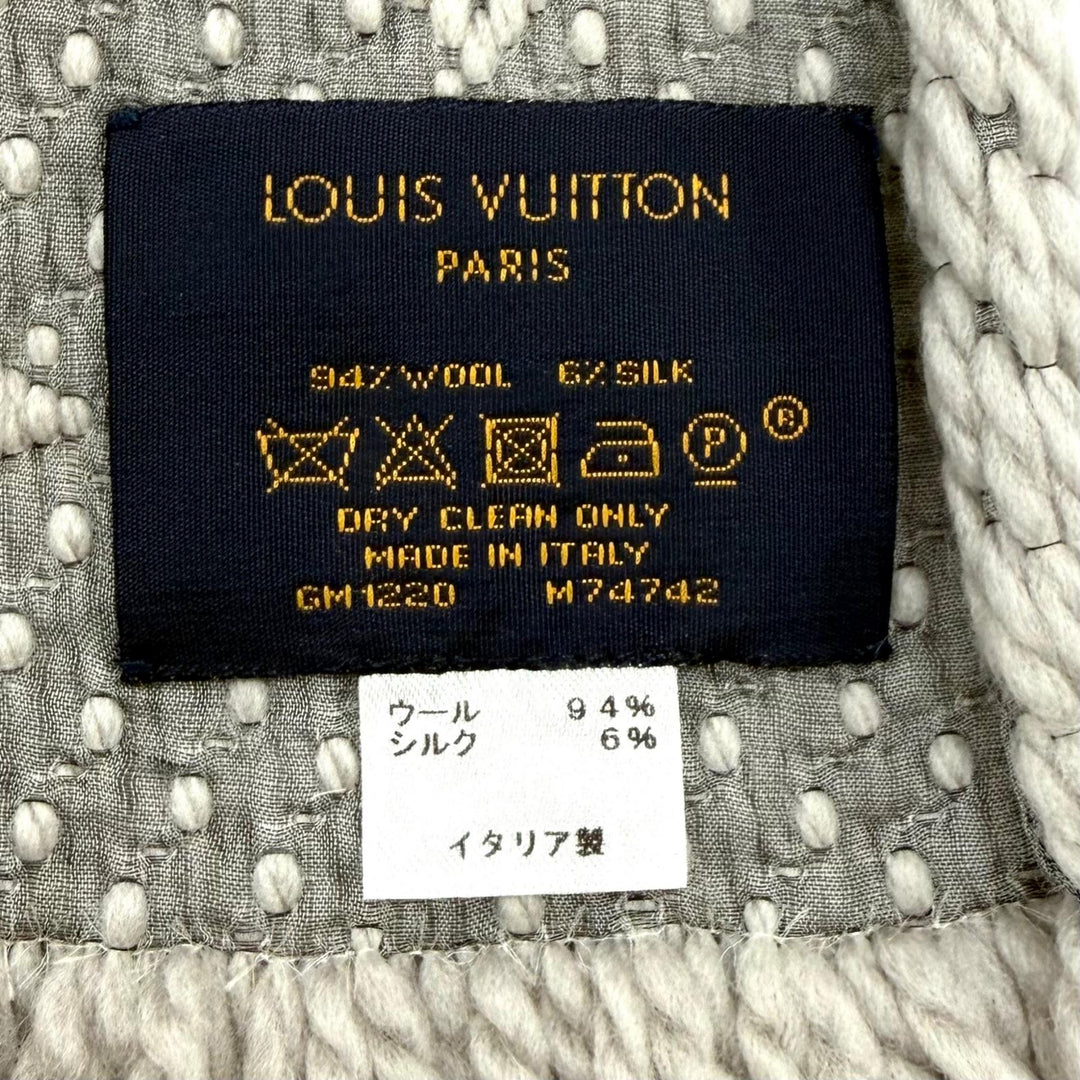 美品★LOUIS VUITTON ルイヴィトン M74742 エシャルプ ロゴマニア ウール シルク混 グリペルル フリンジ マフラー イタリア製 正規品