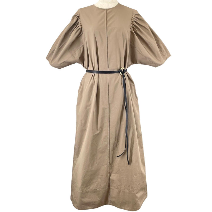 極美品▲ebure エブール 4010300204 コットン100% Satin Dress ベルト付き 半袖 ワンピース ベージュ 36 日本製 正規品 レディース