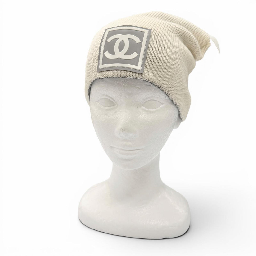 美品▼CHANEL シャネル スポーツライン ウール シルク ココマーク 帽子 ビーニー ニットキャップ グレー アイボリー 仏製 レディース