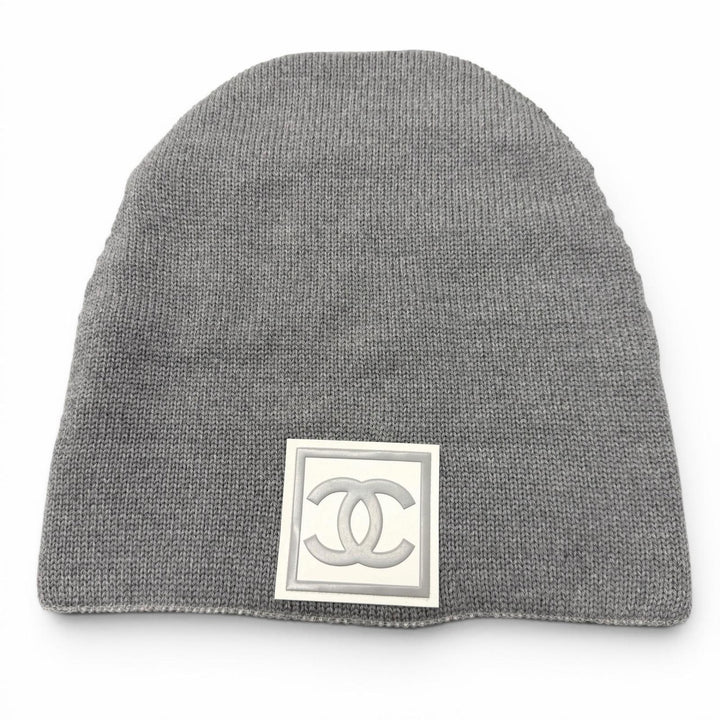 美品▼CHANEL シャネル スポーツライン ウール シルク ココマーク 帽子 ビーニー ニットキャップ グレー アイボリー 仏製 レディース