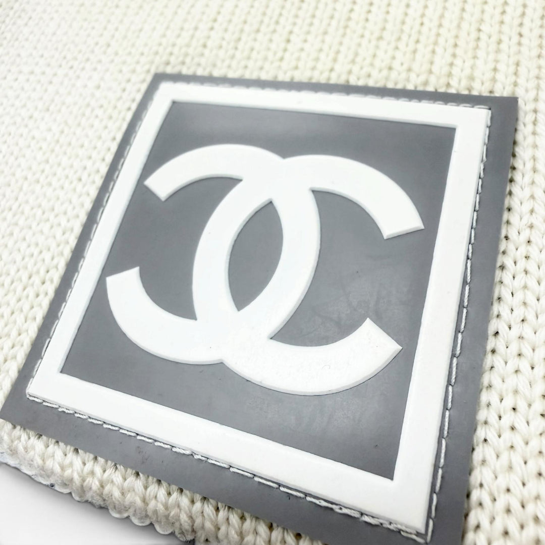 美品▼CHANEL シャネル スポーツライン ウール シルク ココマーク 帽子 ビーニー ニットキャップ グレー アイボリー 仏製 レディース